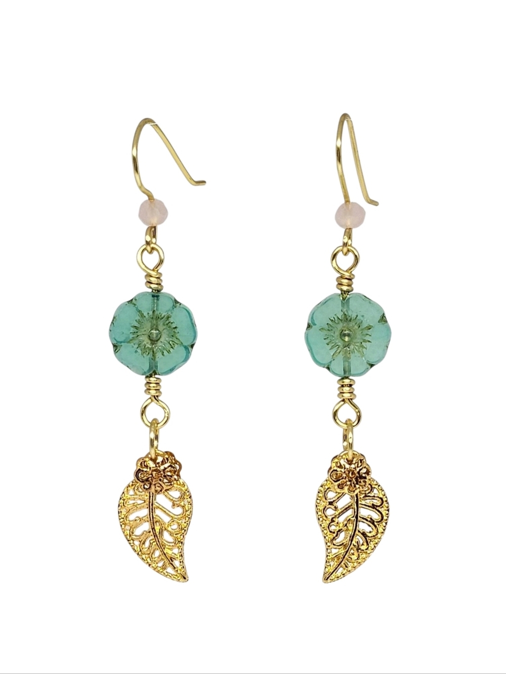 Handmade Czech Aqua Green Floral Beads Gold Leaf Charms Boho Dangle Earrings